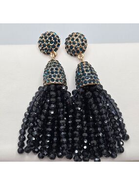BaubleBar Gold-Tone Blue Crystal and Black Bead Tassel Drop Earrings